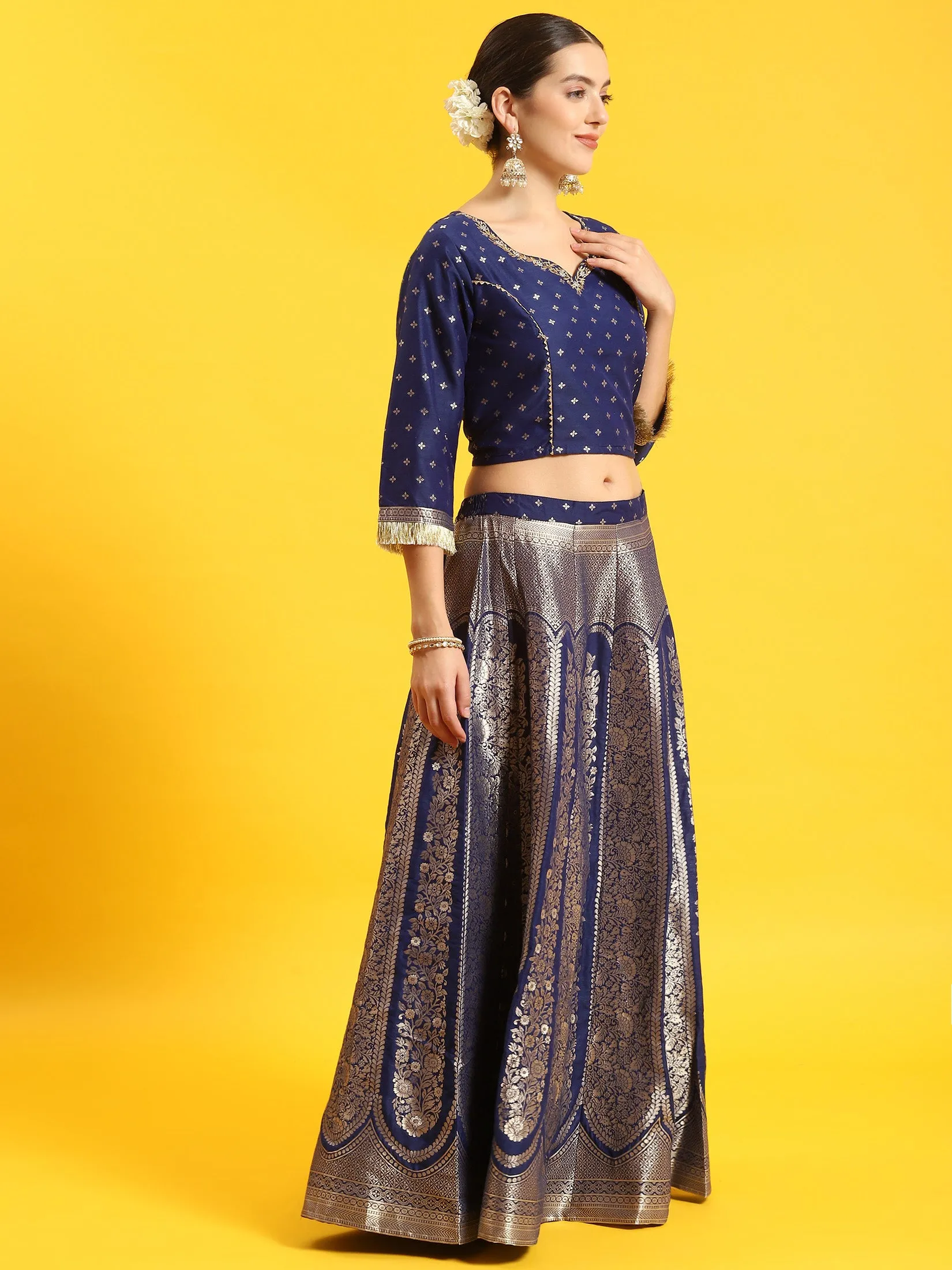 Women Blue Embroidered Top Skirt Dupatta