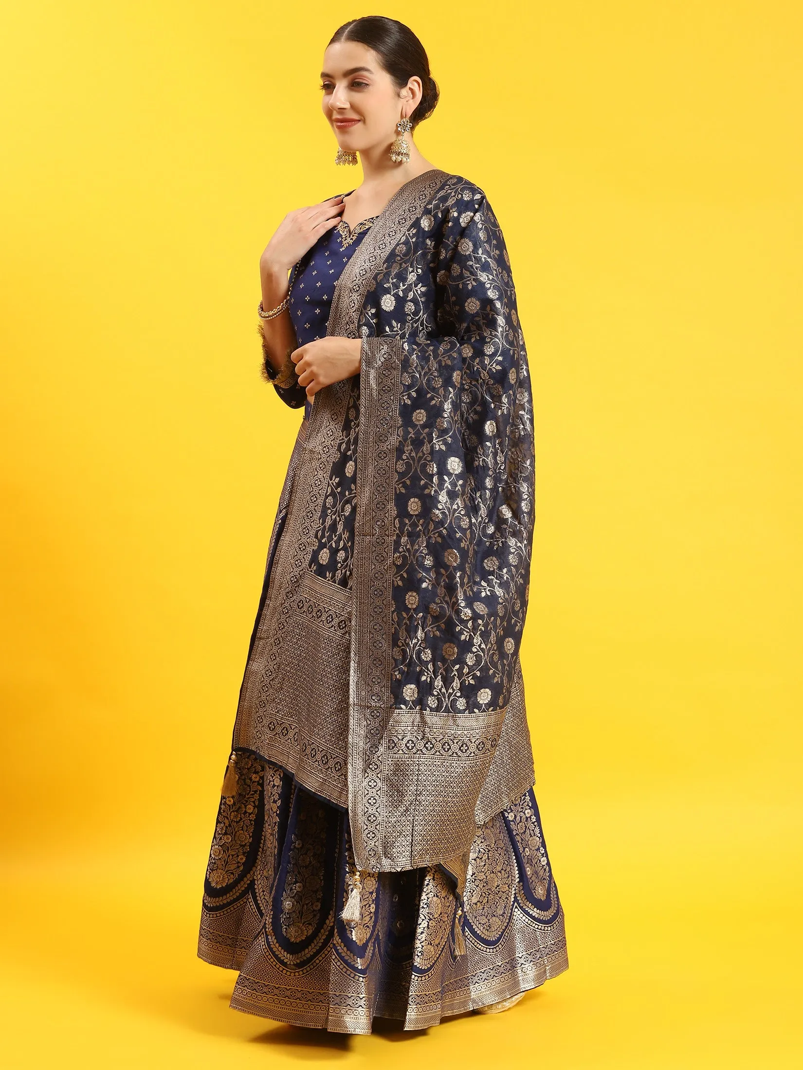 Women Blue Embroidered Top Skirt Dupatta