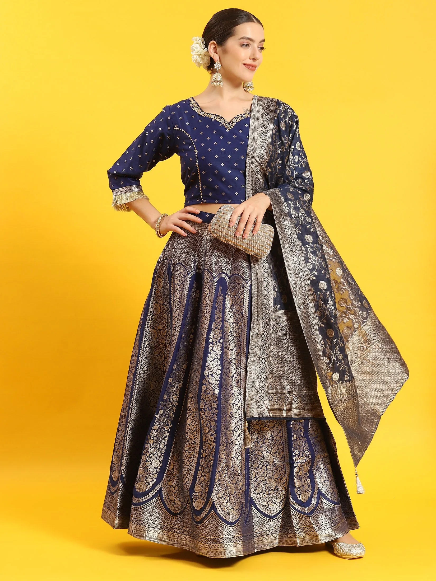 Women Blue Embroidered Top Skirt Dupatta