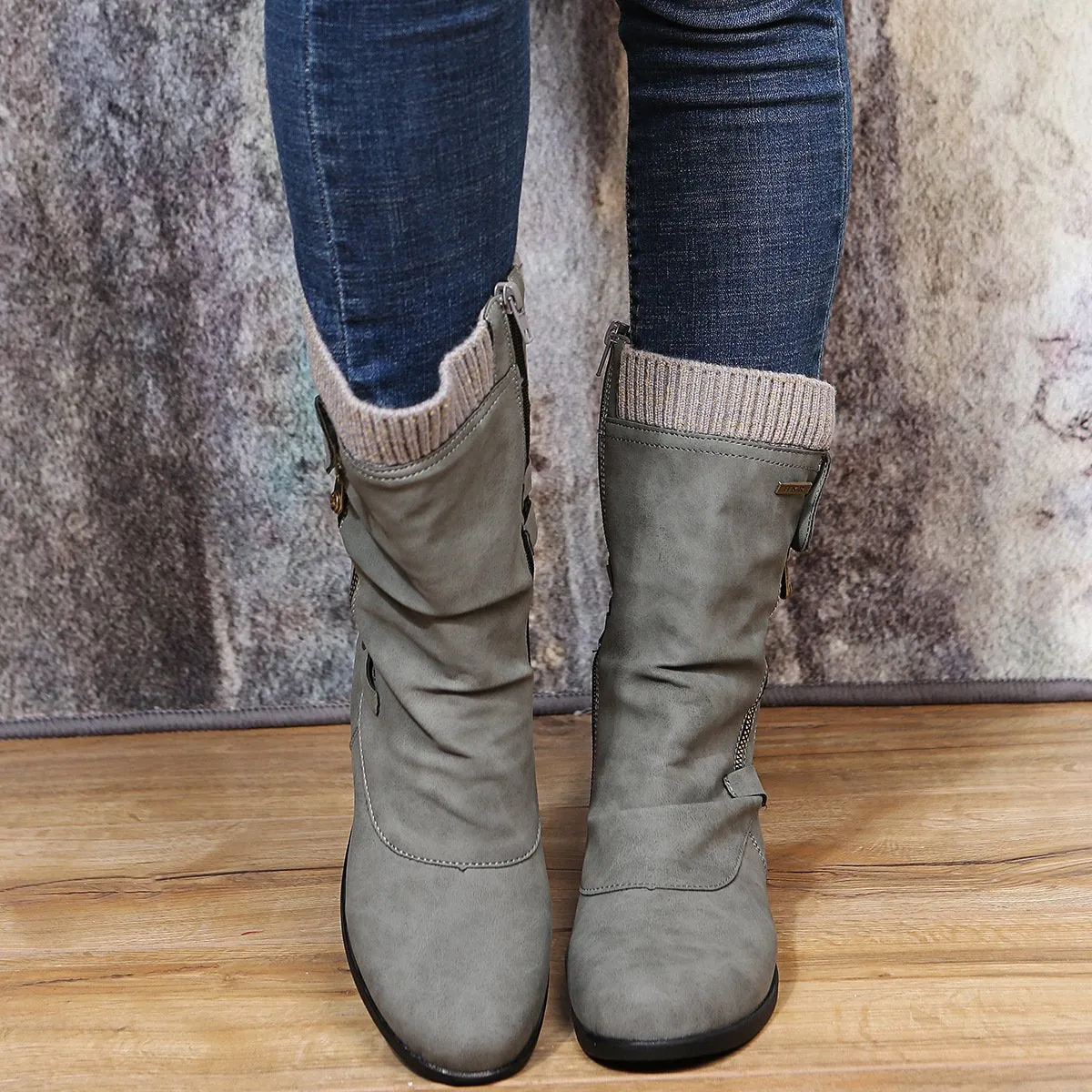 Women low heel slouch back strappy side zipper mid calf boots