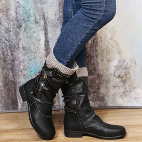 Women low heel slouch back strappy side zipper mid calf boots