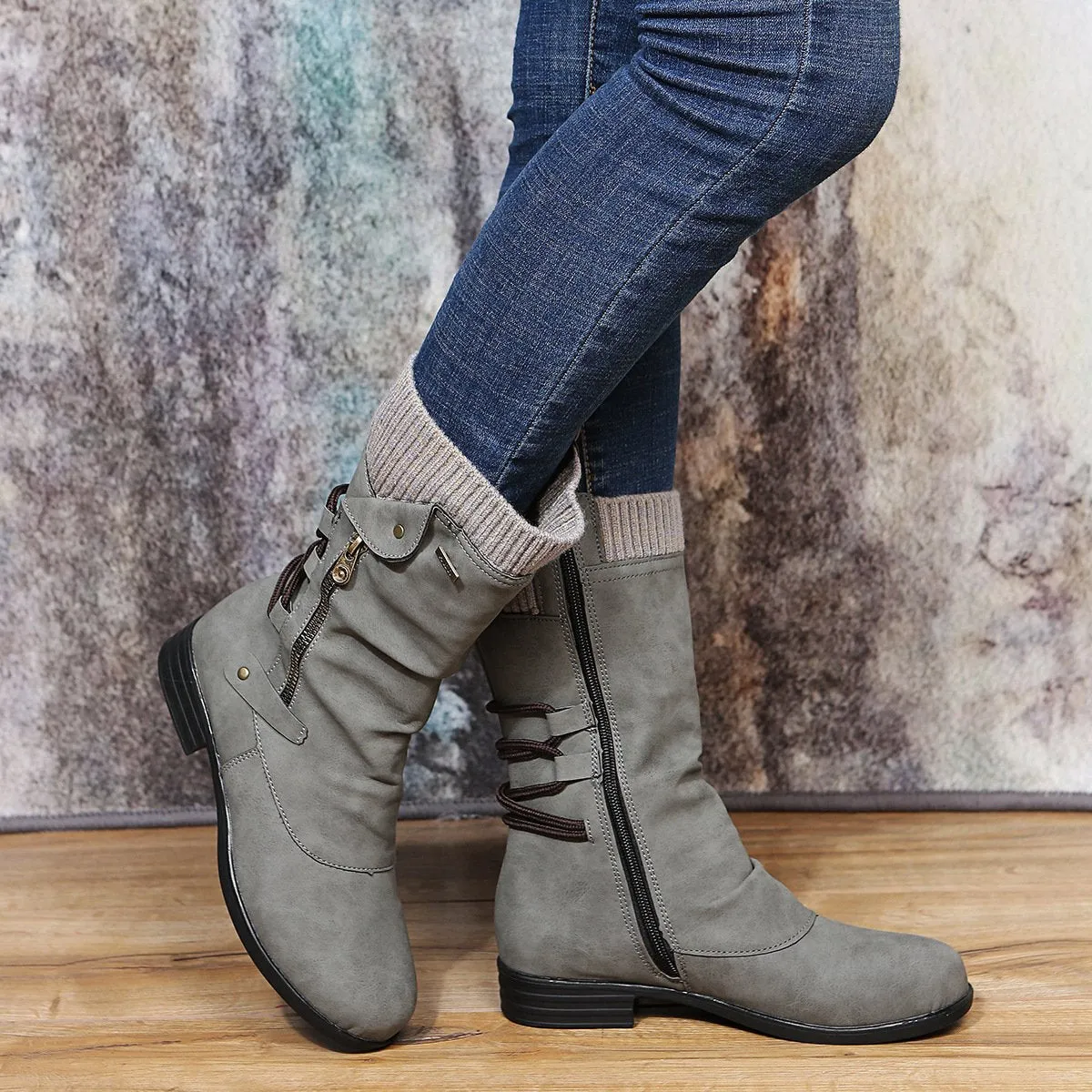 Women low heel slouch back strappy side zipper mid calf boots