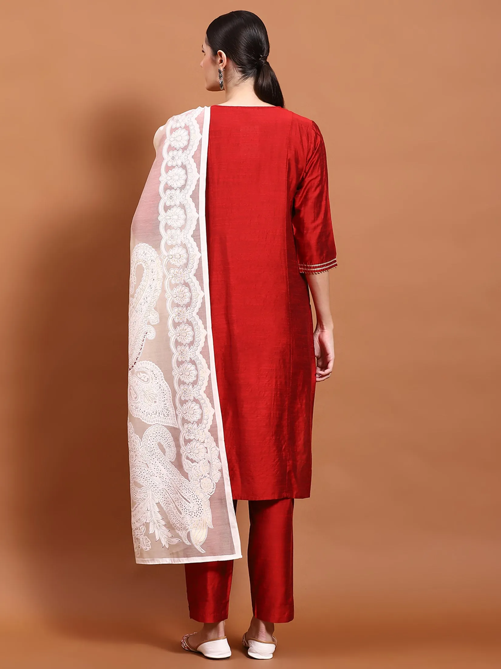 Women Maroon Embroidered Kurta Trouser Dupatta