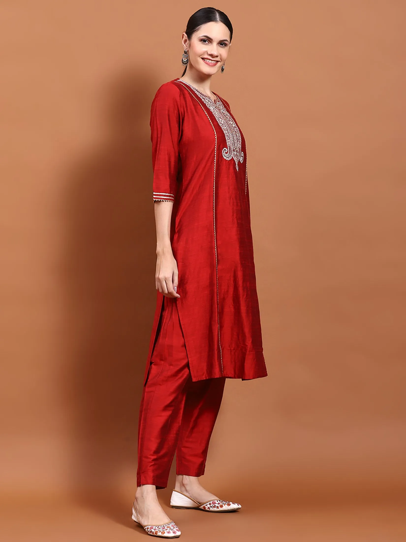 Women Maroon Embroidered Kurta Trouser Dupatta