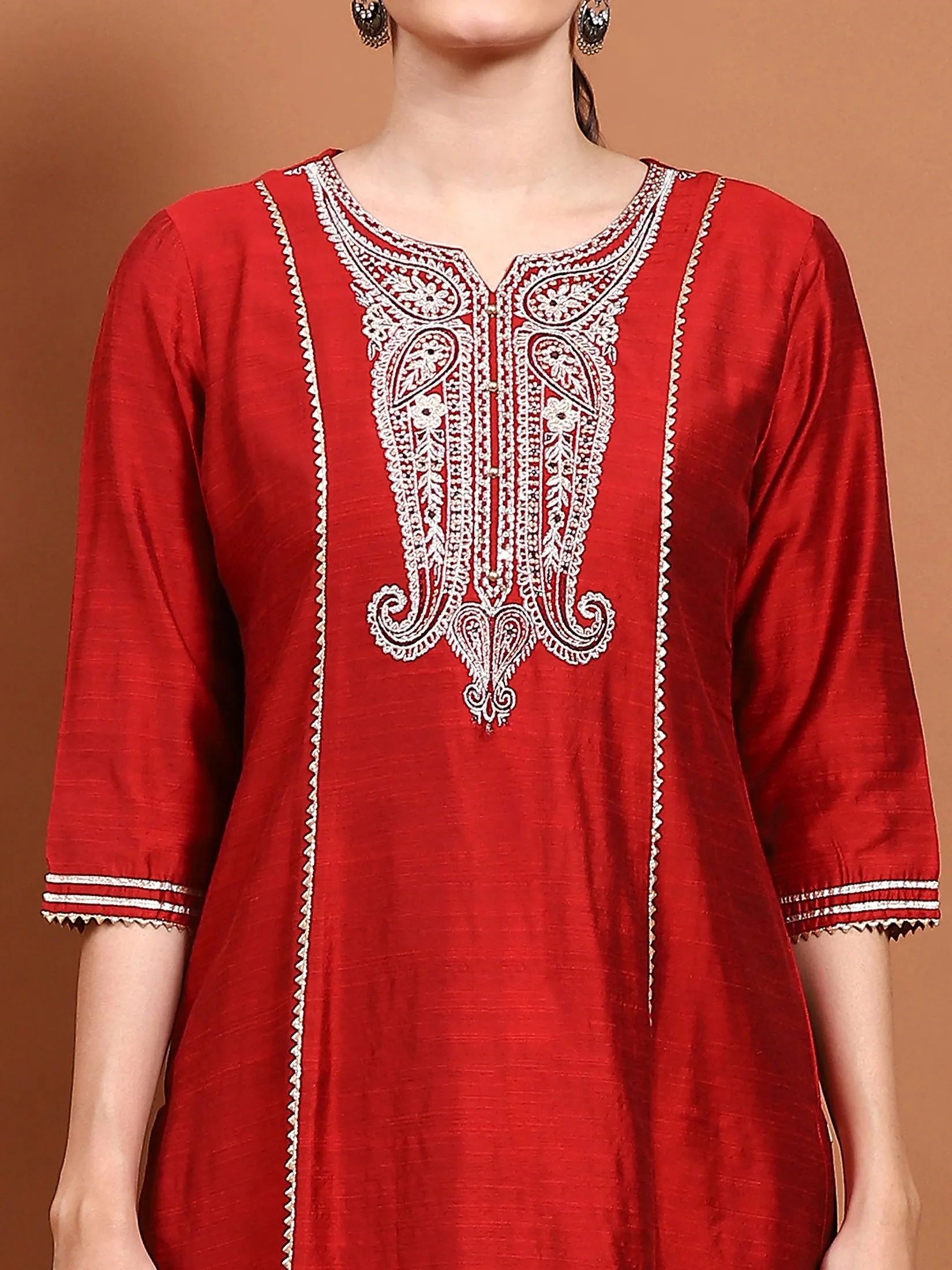 Women Maroon Embroidered Kurta Trouser Dupatta