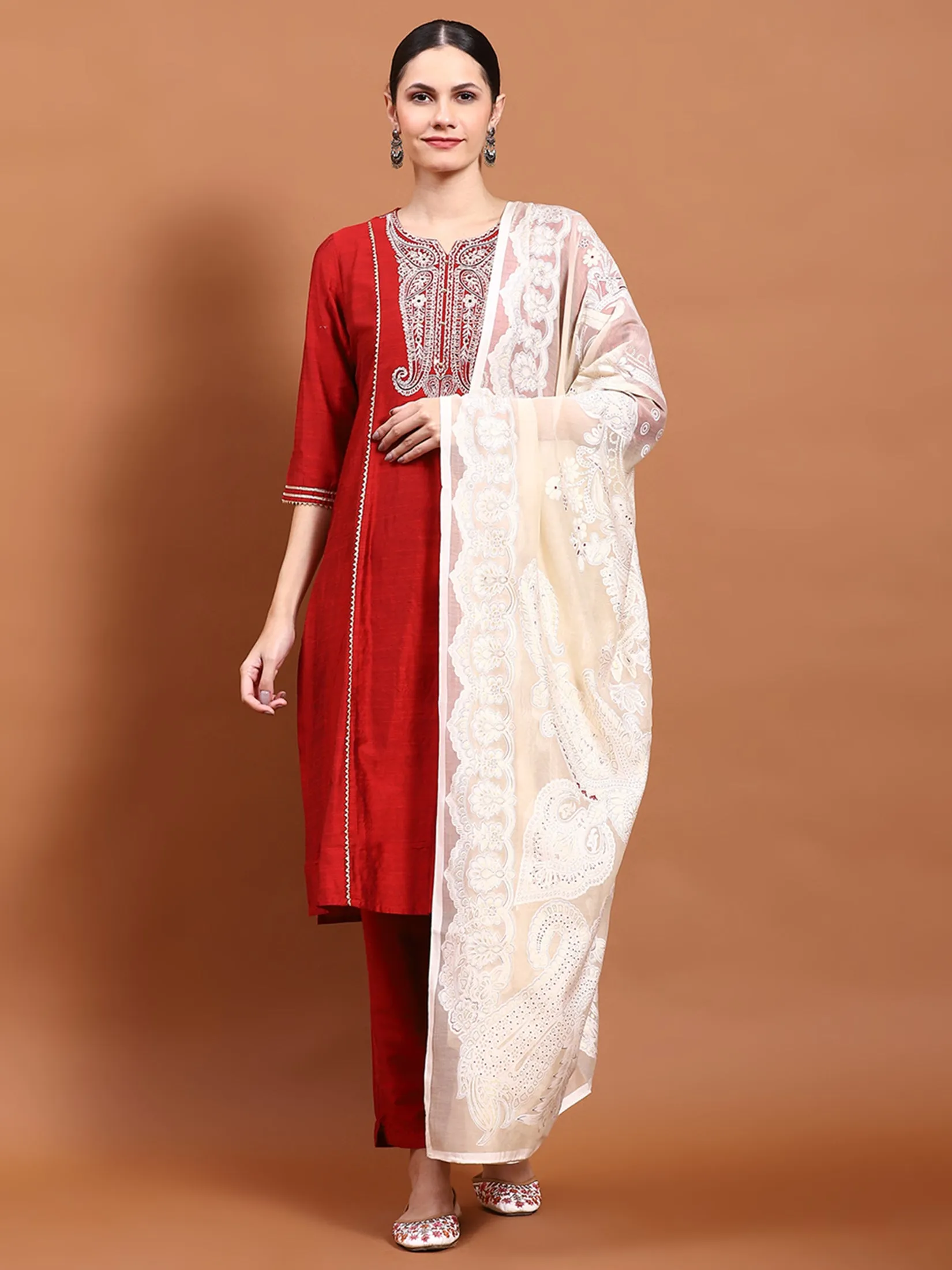 Women Maroon Embroidered Kurta Trouser Dupatta