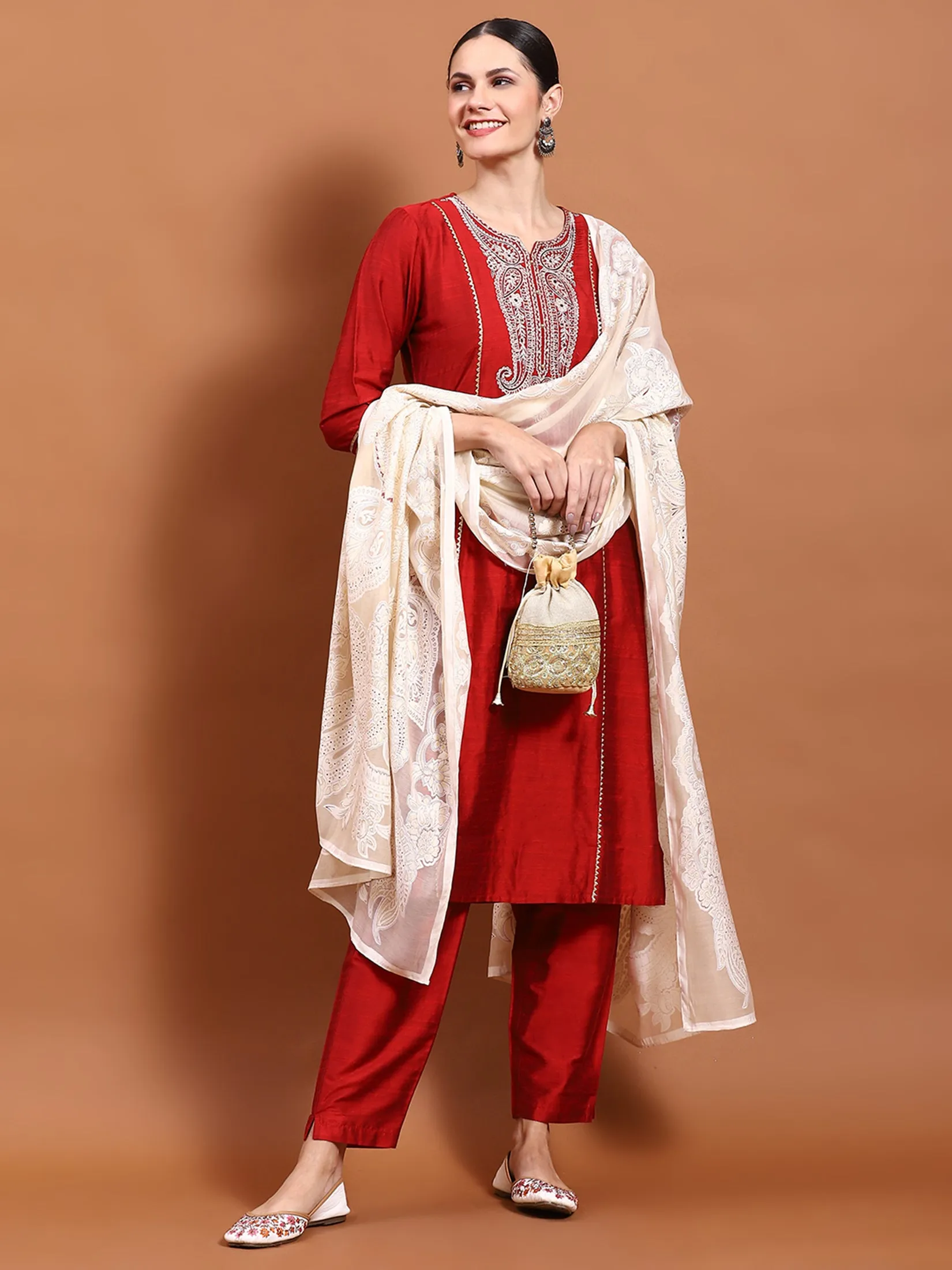 Women Maroon Embroidered Kurta Trouser Dupatta