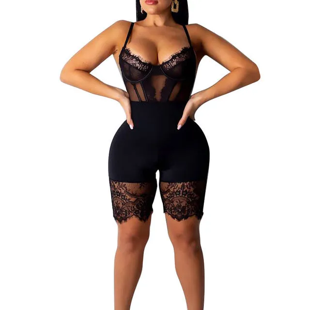 Women Mesh Lace V-Neck Lingerie Jumpsuit Underwear