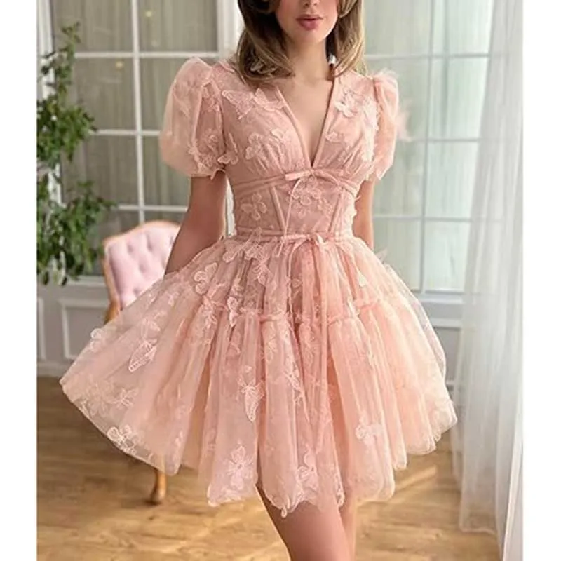 Women Mini Tulle Prom Dress Flower Embroidery Dress Short Formal Homecoming Dresses