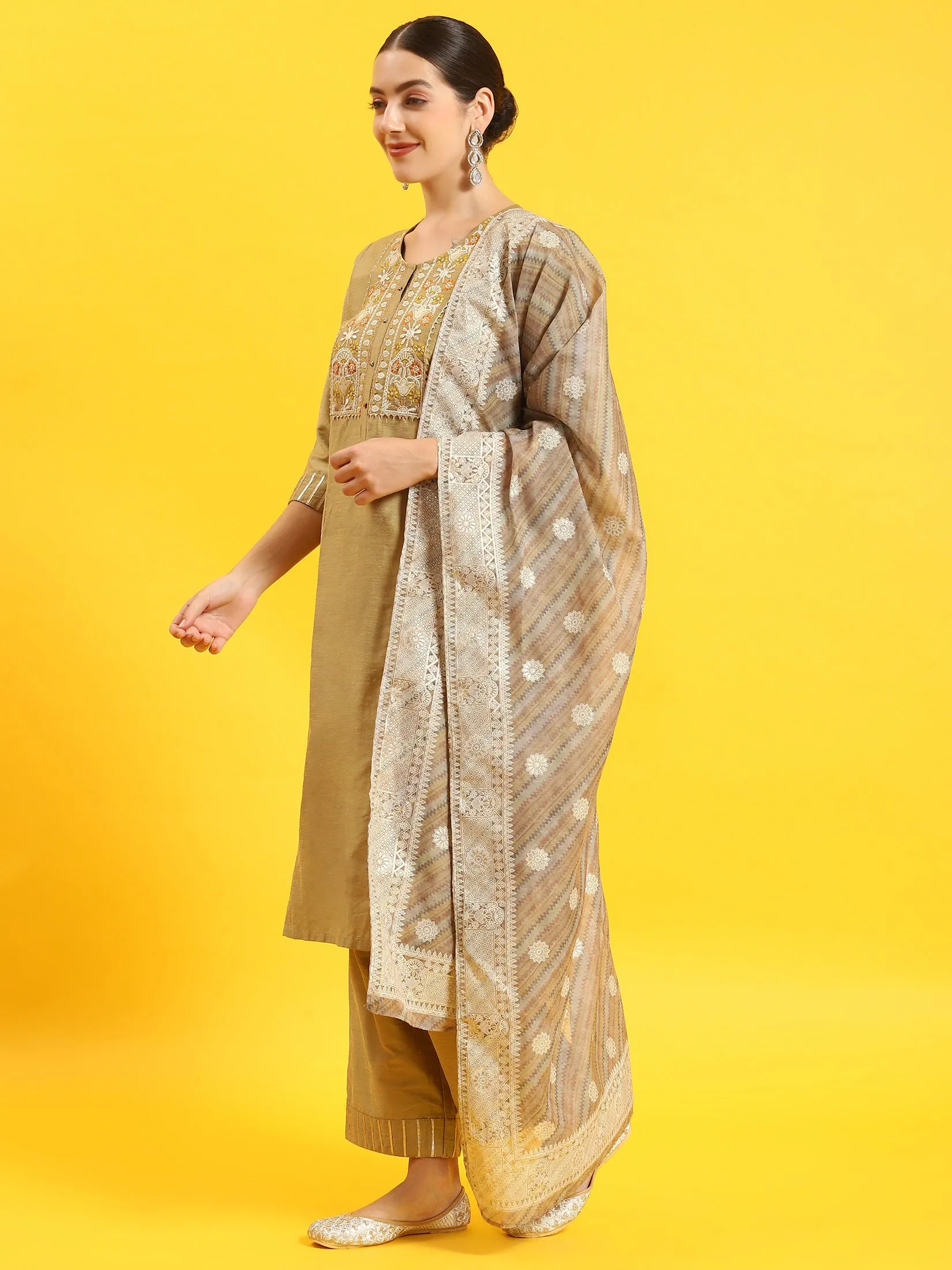 Women Olive Embroidered Kurta Trouser Dupatta