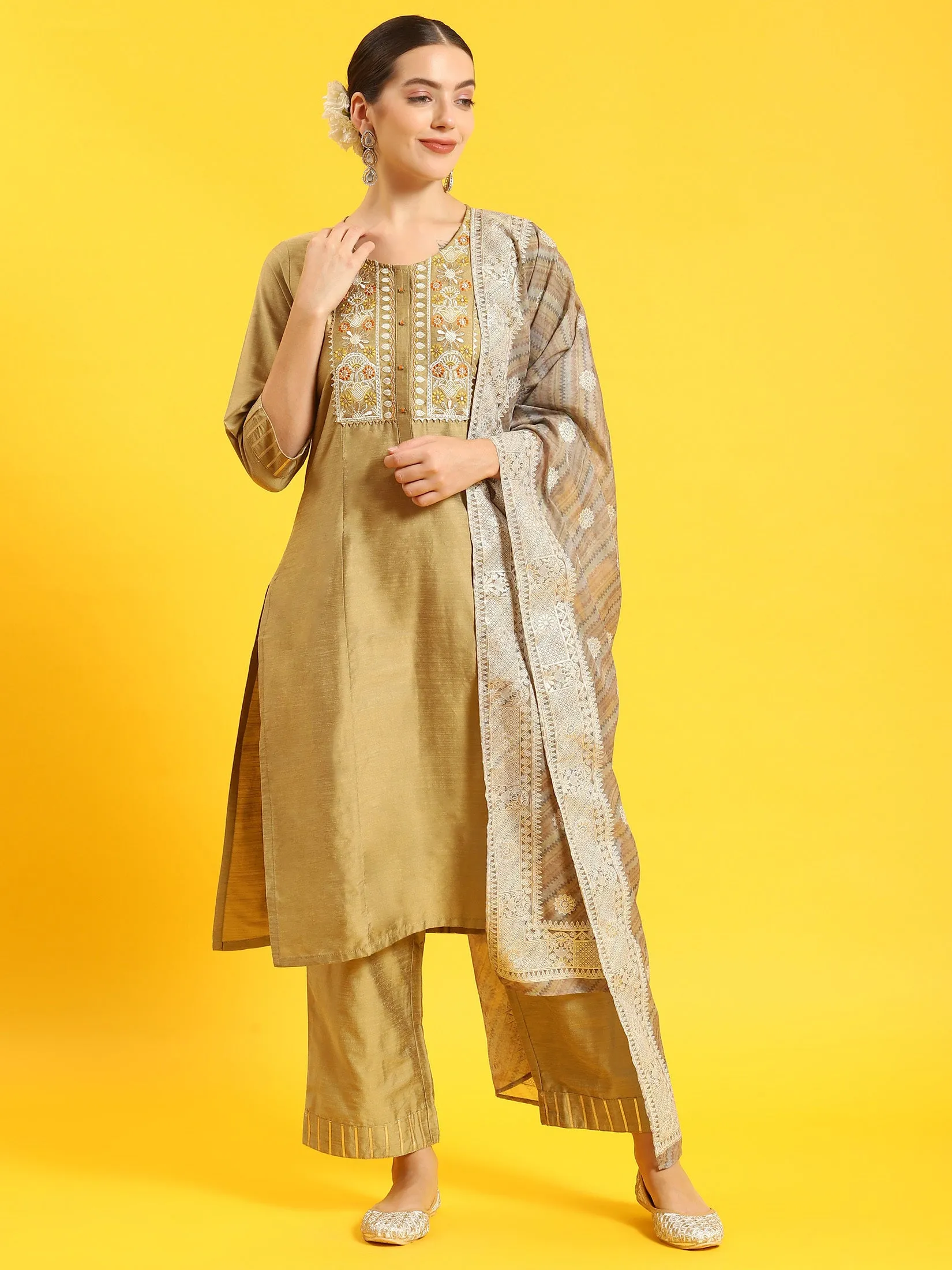 Women Olive Embroidered Kurta Trouser Dupatta