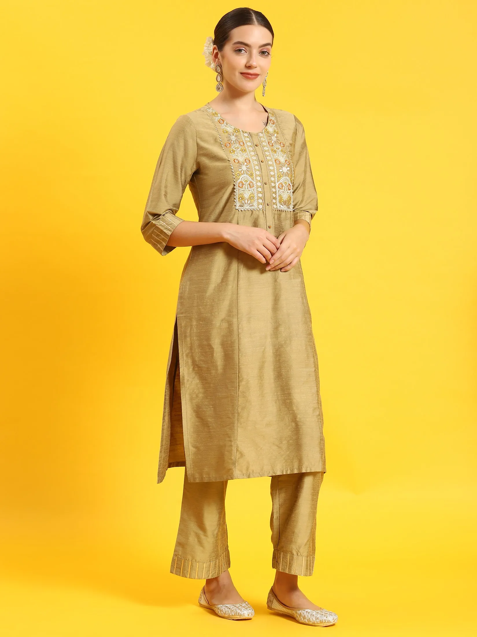 Women Olive Embroidered Kurta Trouser Dupatta