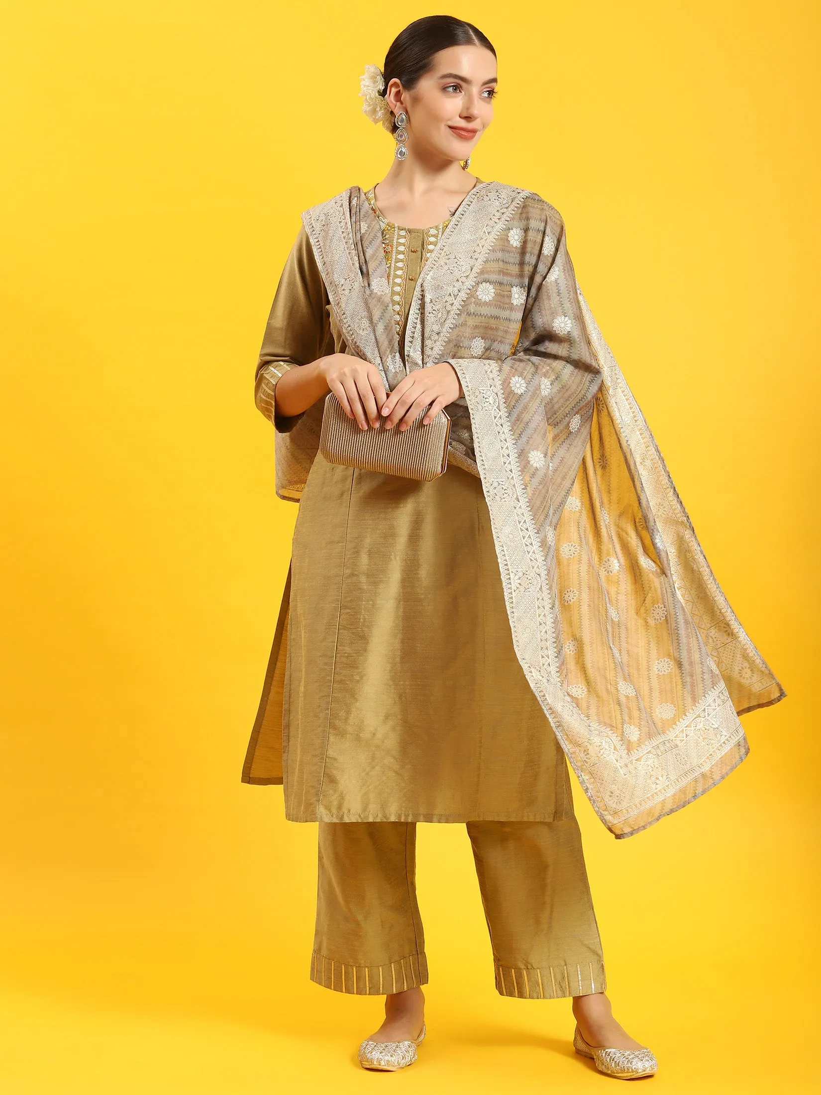 Women Olive Embroidered Kurta Trouser Dupatta