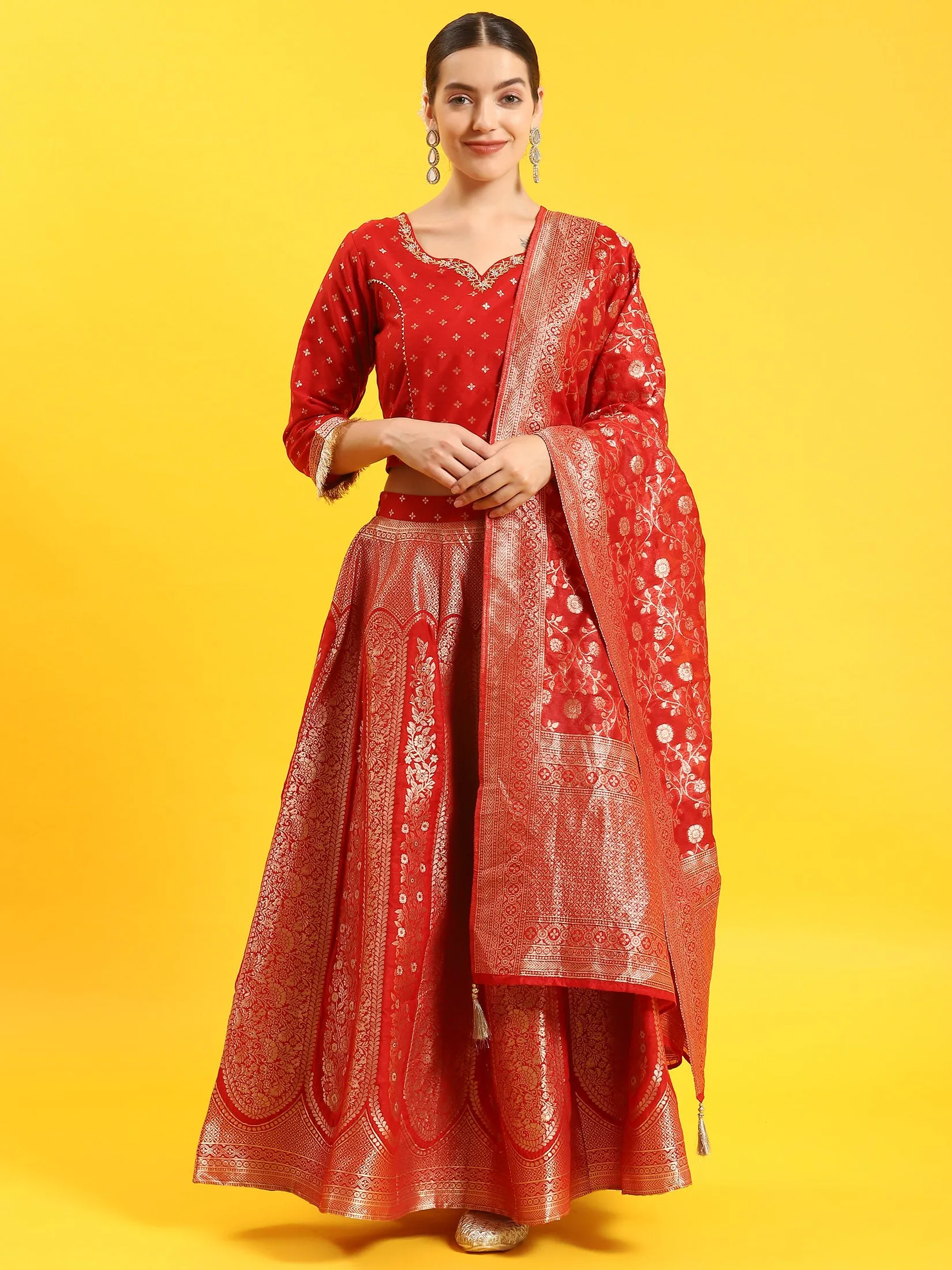 Women Red Embroidered Top Skirt Dupatta