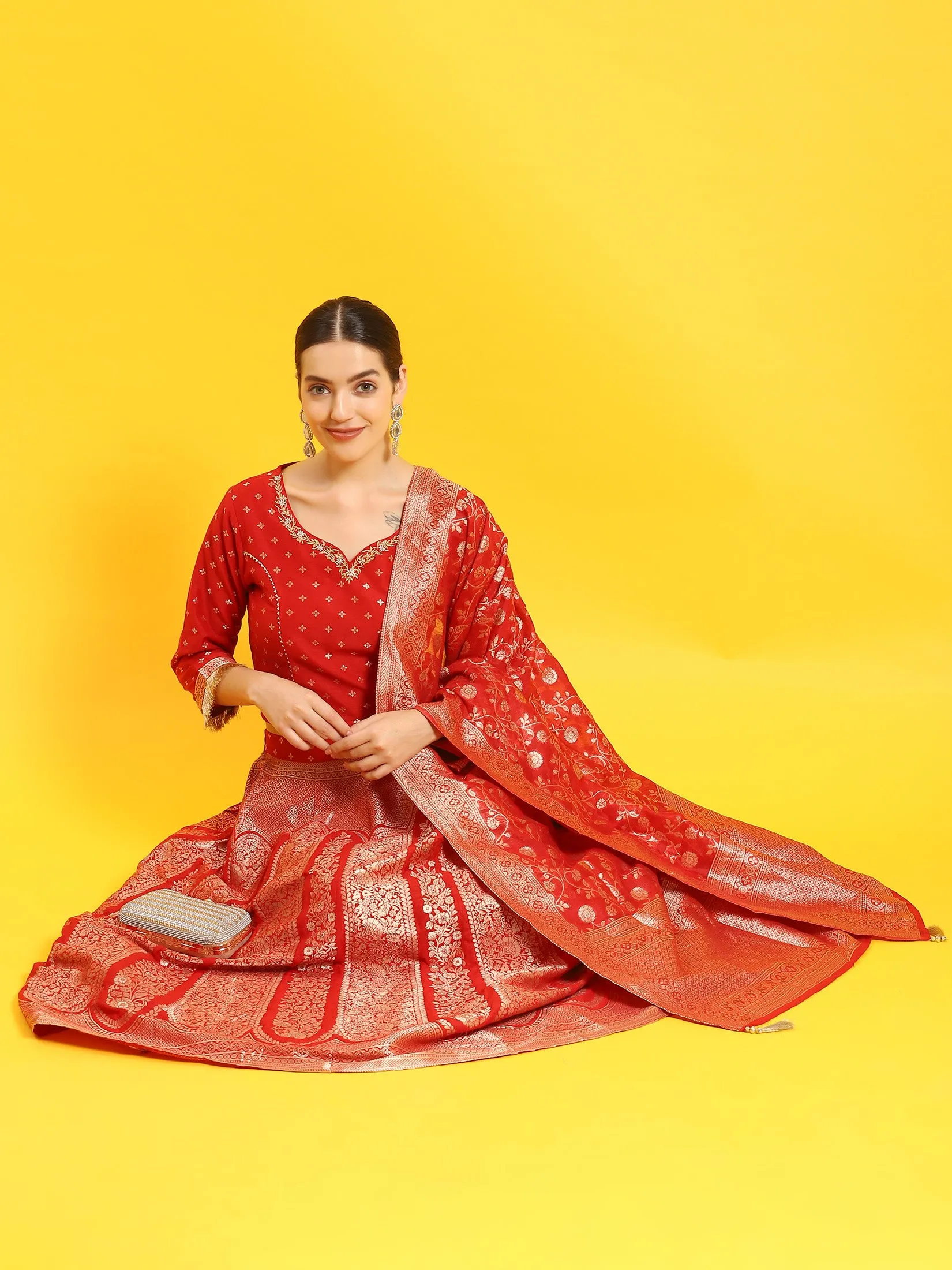 Women Red Embroidered Top Skirt Dupatta