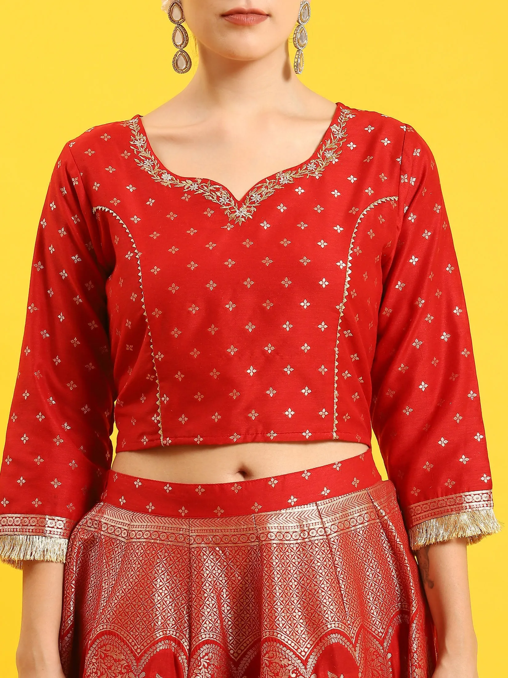 Women Red Embroidered Top Skirt Dupatta