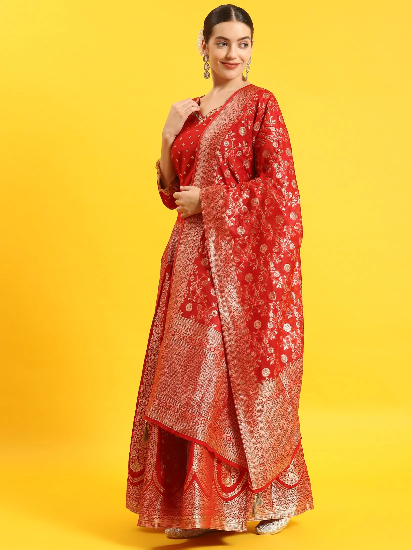 Women Red Embroidered Top Skirt Dupatta