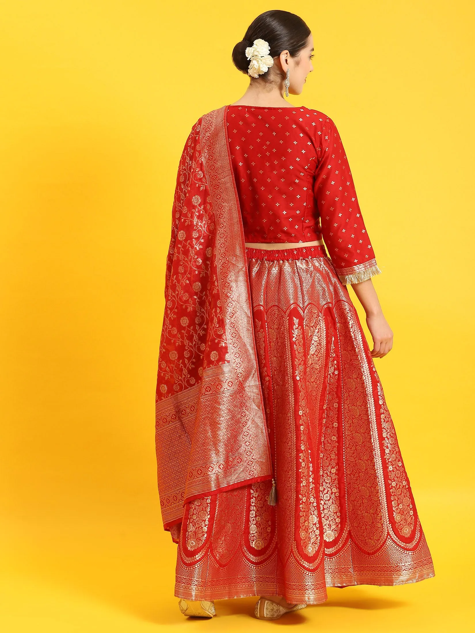 Women Red Embroidered Top Skirt Dupatta