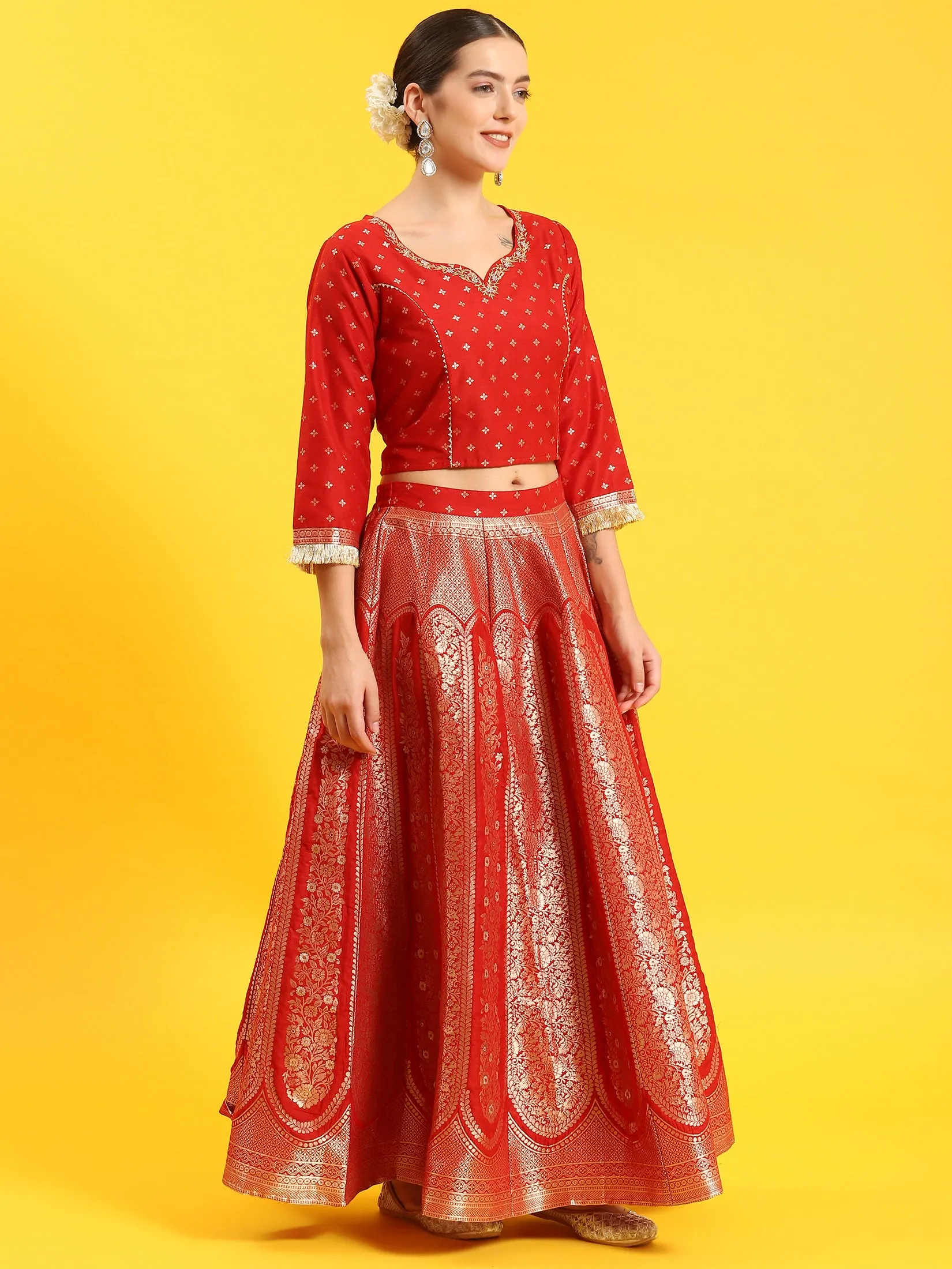 Women Red Embroidered Top Skirt Dupatta