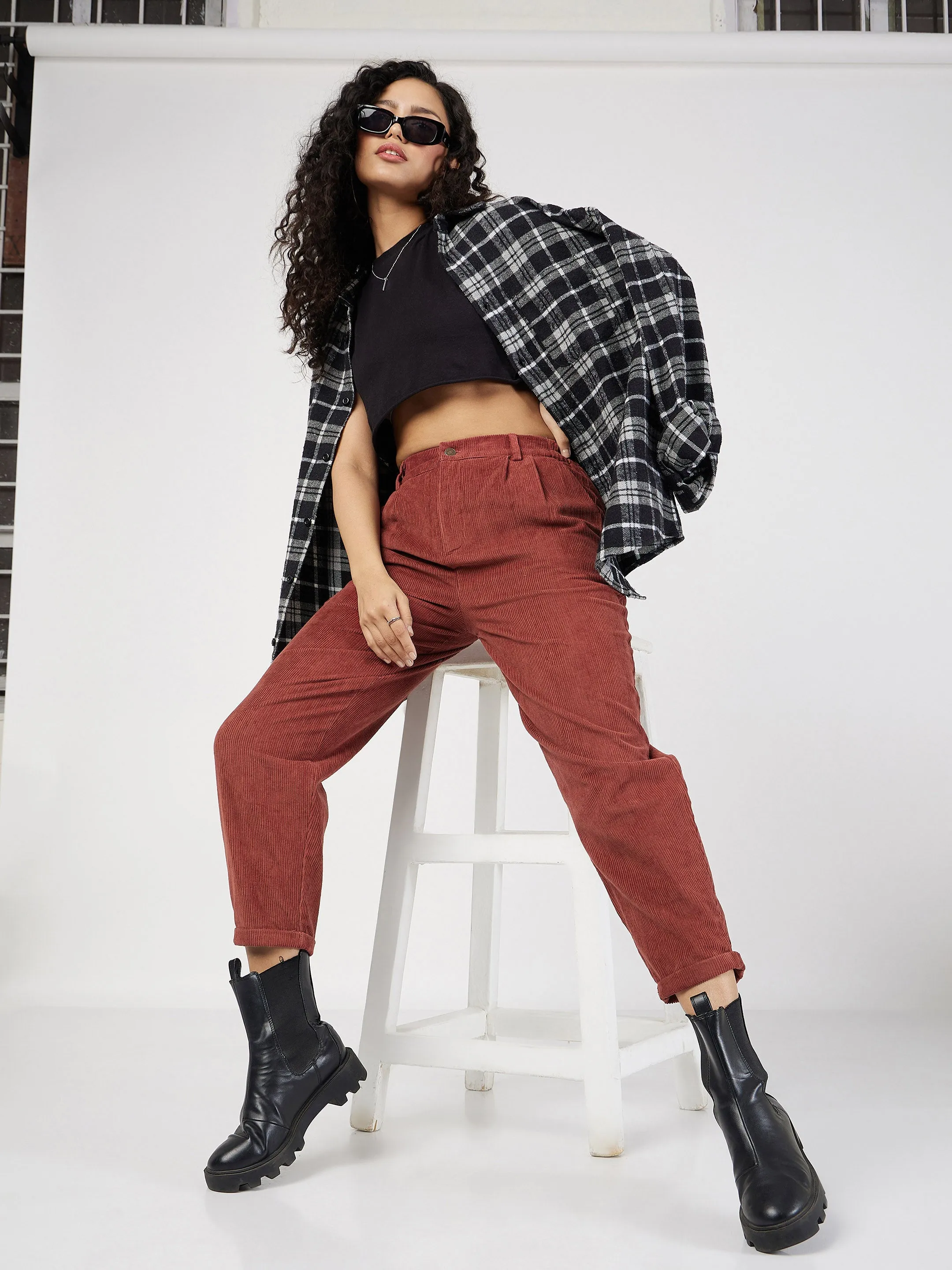 Women Rust Corduroy Carrot Fit Pants