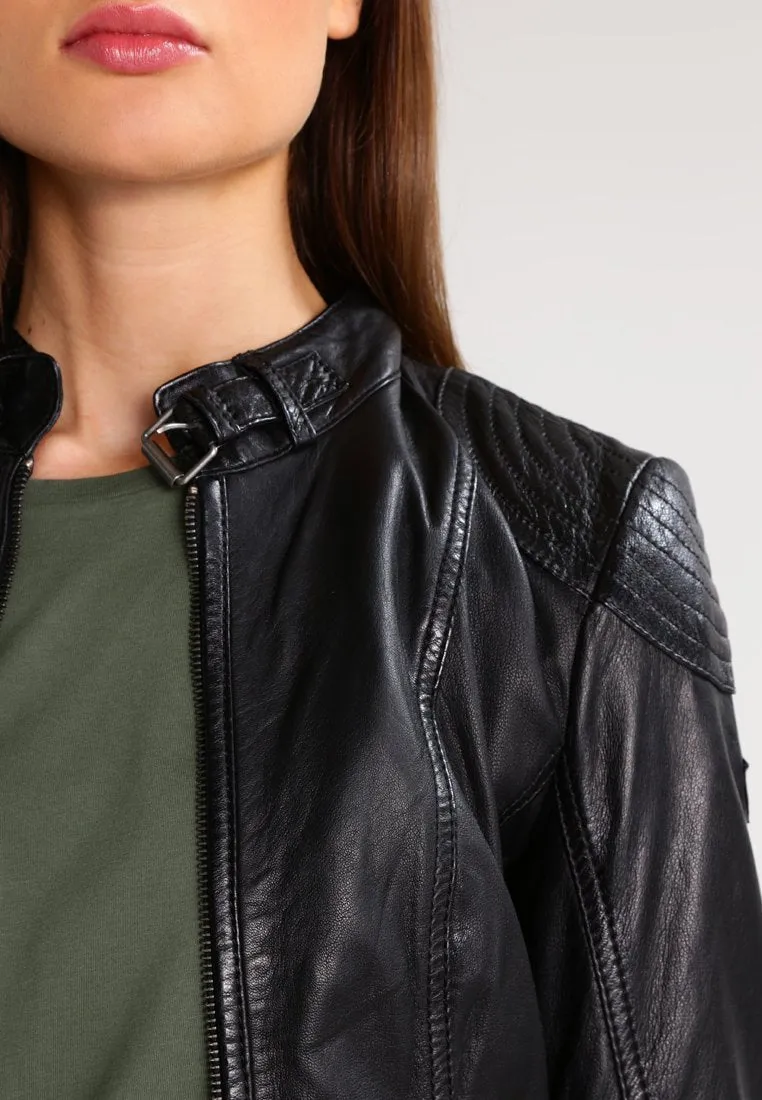 Women’s Black Leather Jacket Removable Hood