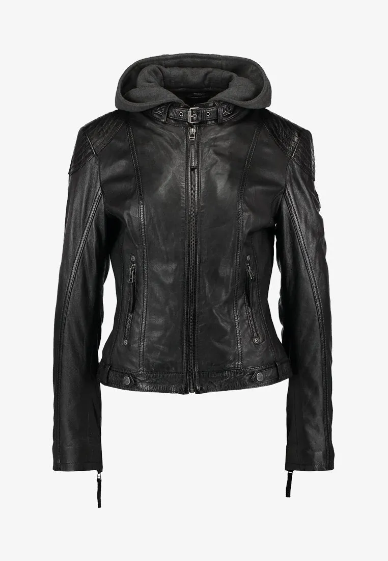 Women’s Black Leather Jacket Removable Hood