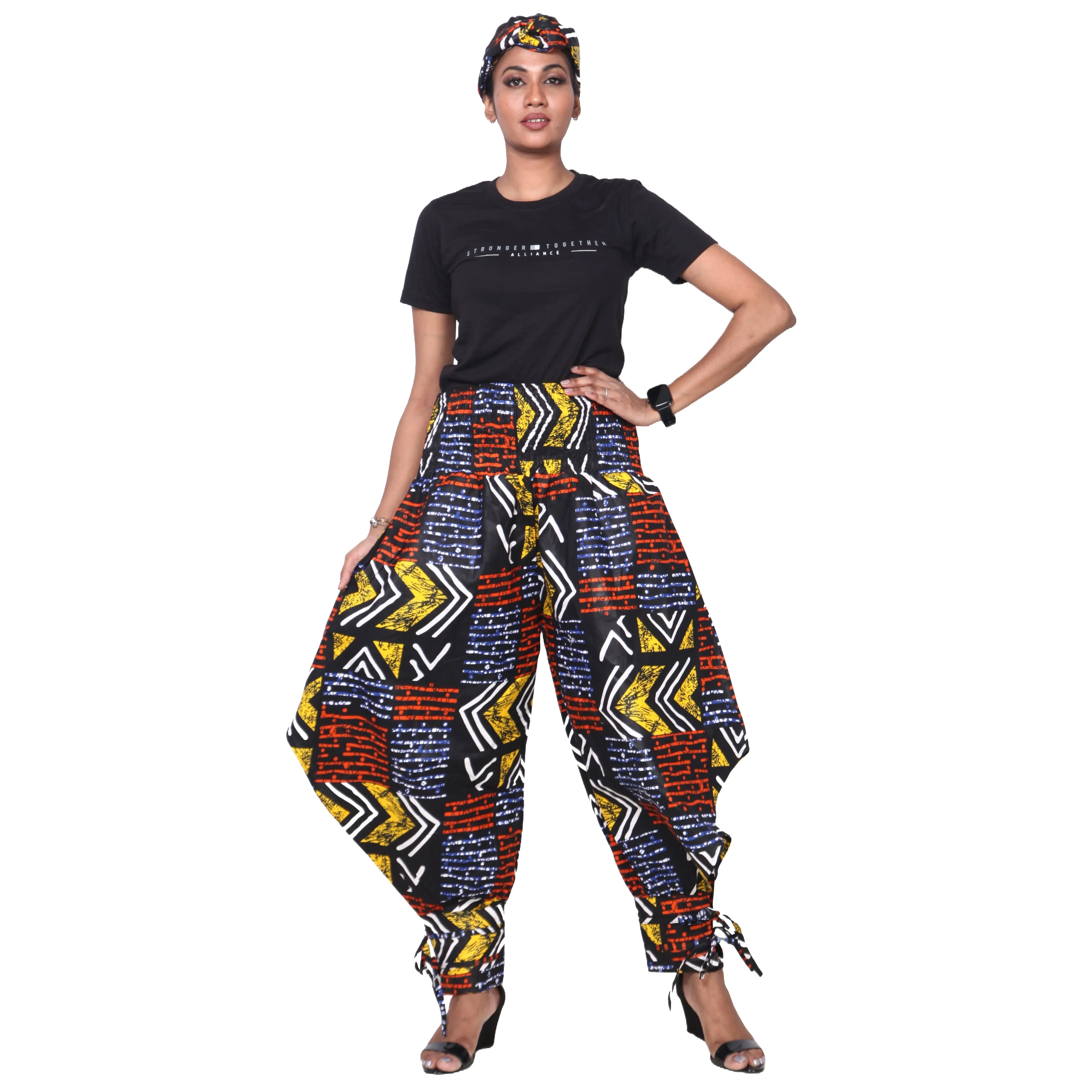 Women's High Waisted Printed Baggy Pants With Tie - FI-140