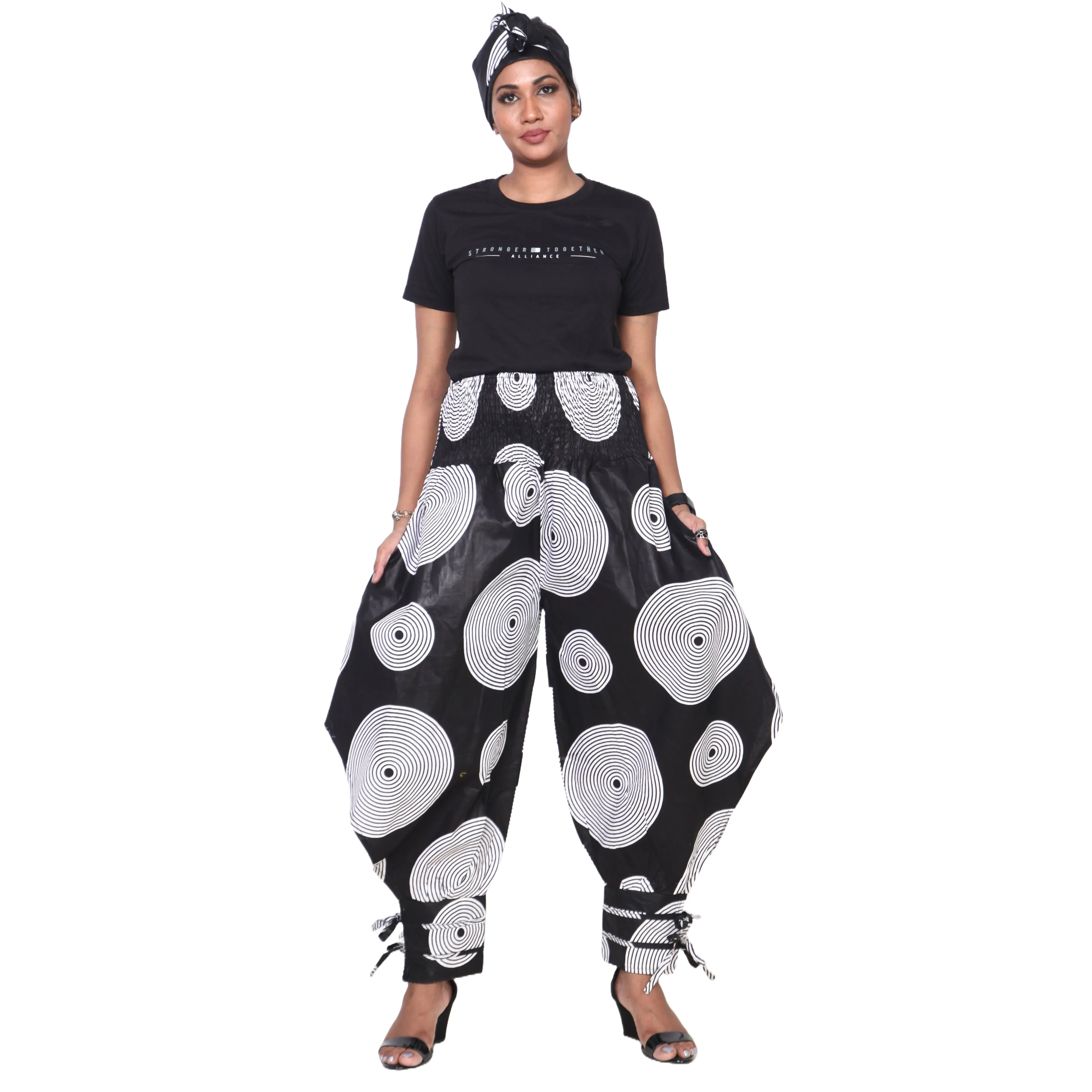 Women's High Waisted Printed Baggy Pants With Tie - FI-140