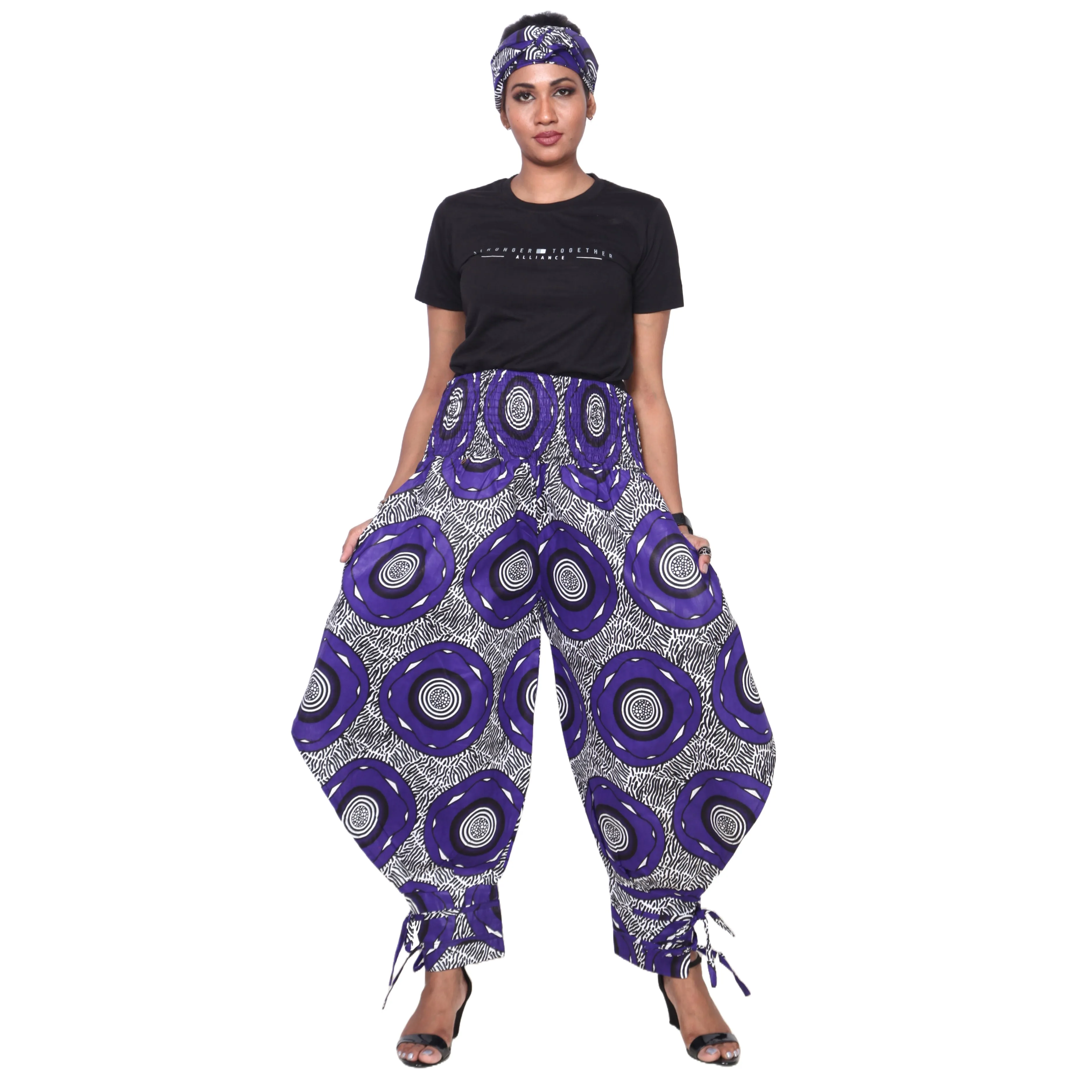 Women's High Waisted Printed Baggy Pants With Tie - FI-140