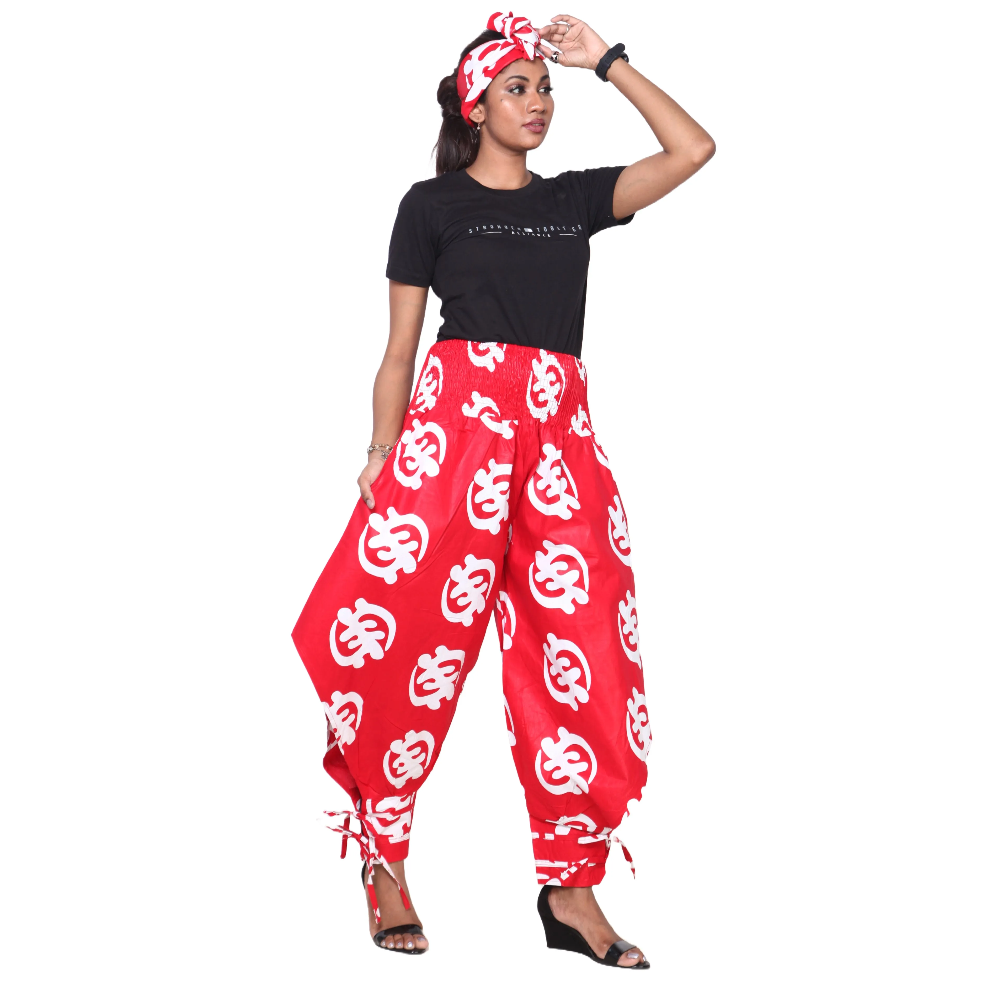 Women's High Waisted Printed Baggy Pants With Tie - FI-140