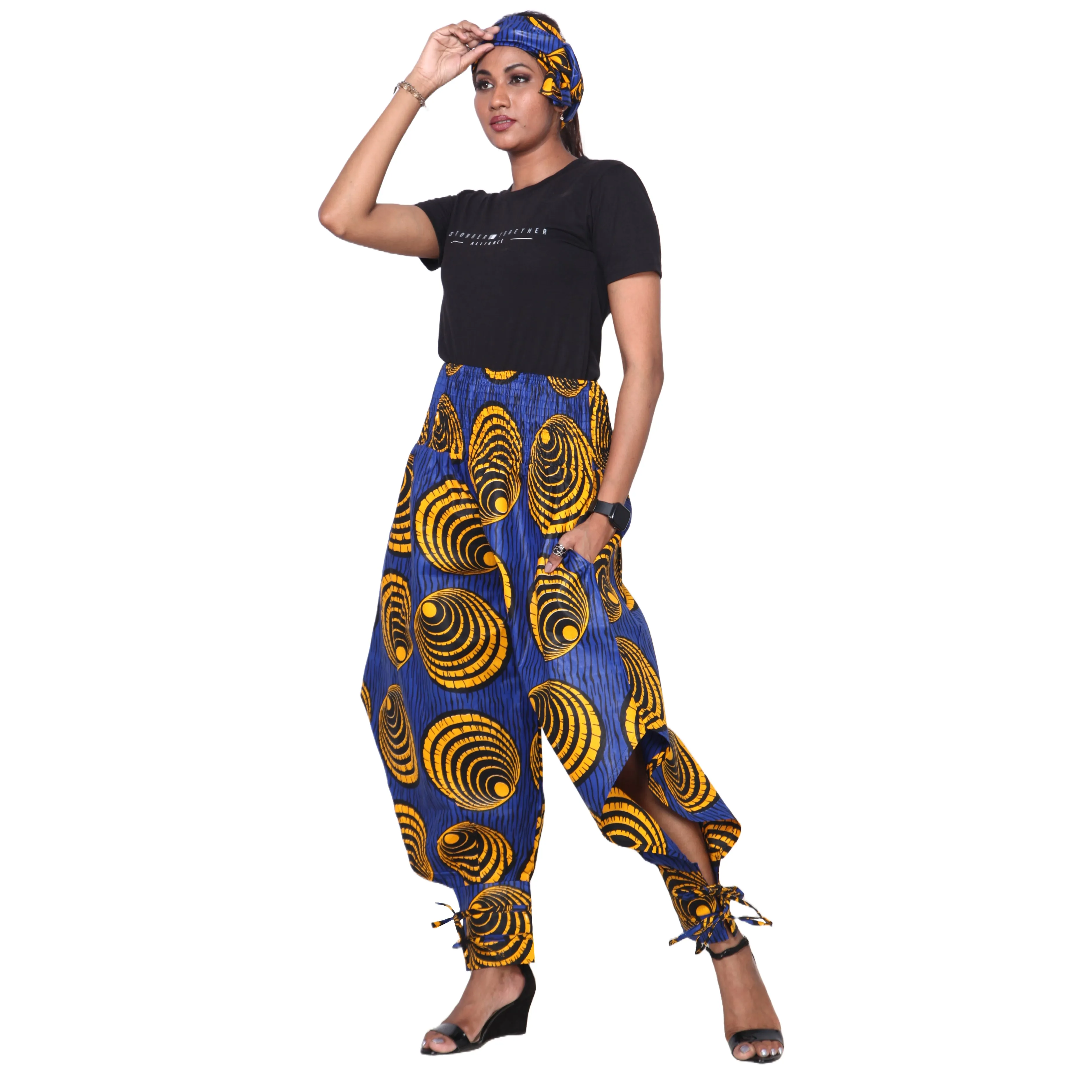 Women's High Waisted Printed Baggy Pants With Tie - FI-140