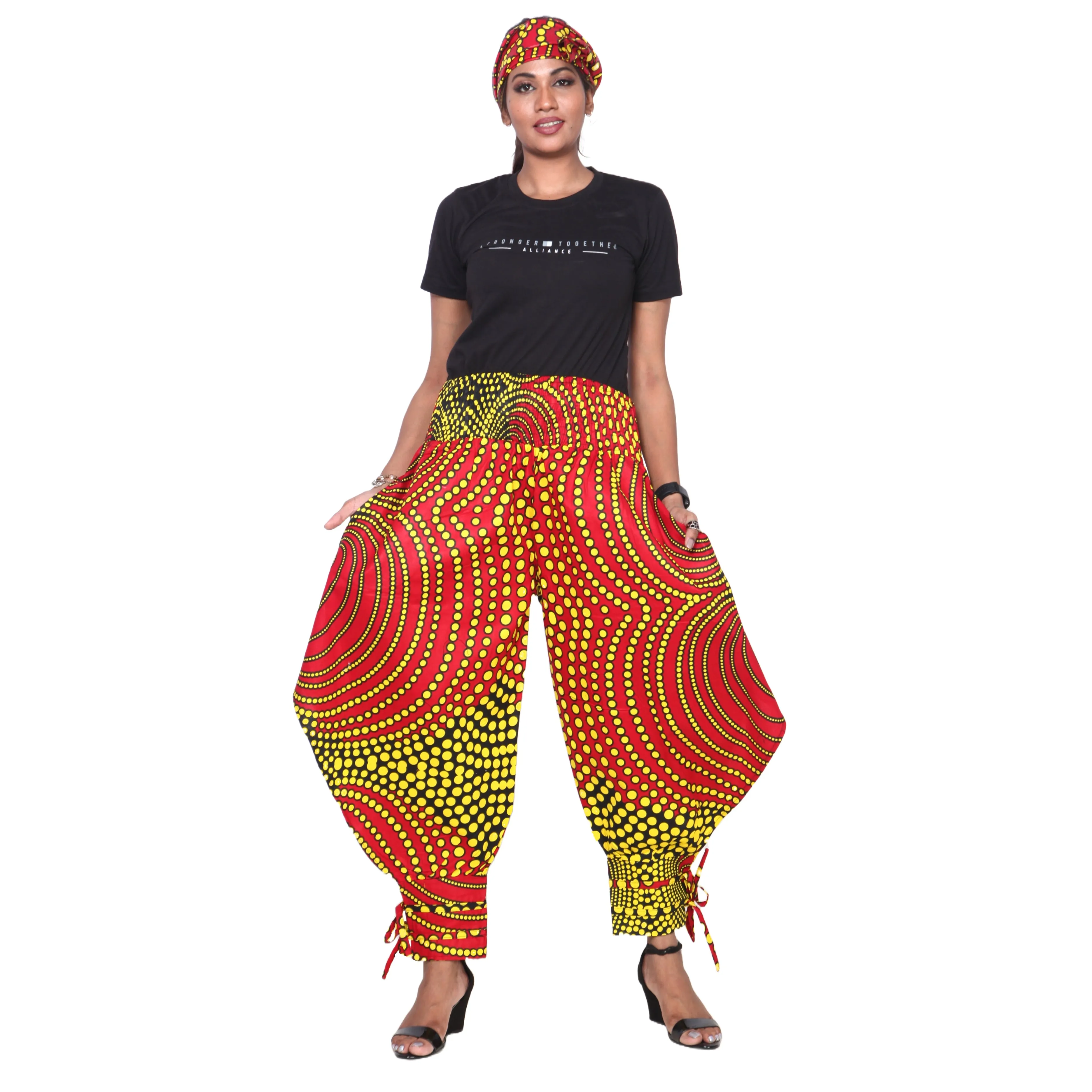 Women's High Waisted Printed Baggy Pants With Tie - FI-140