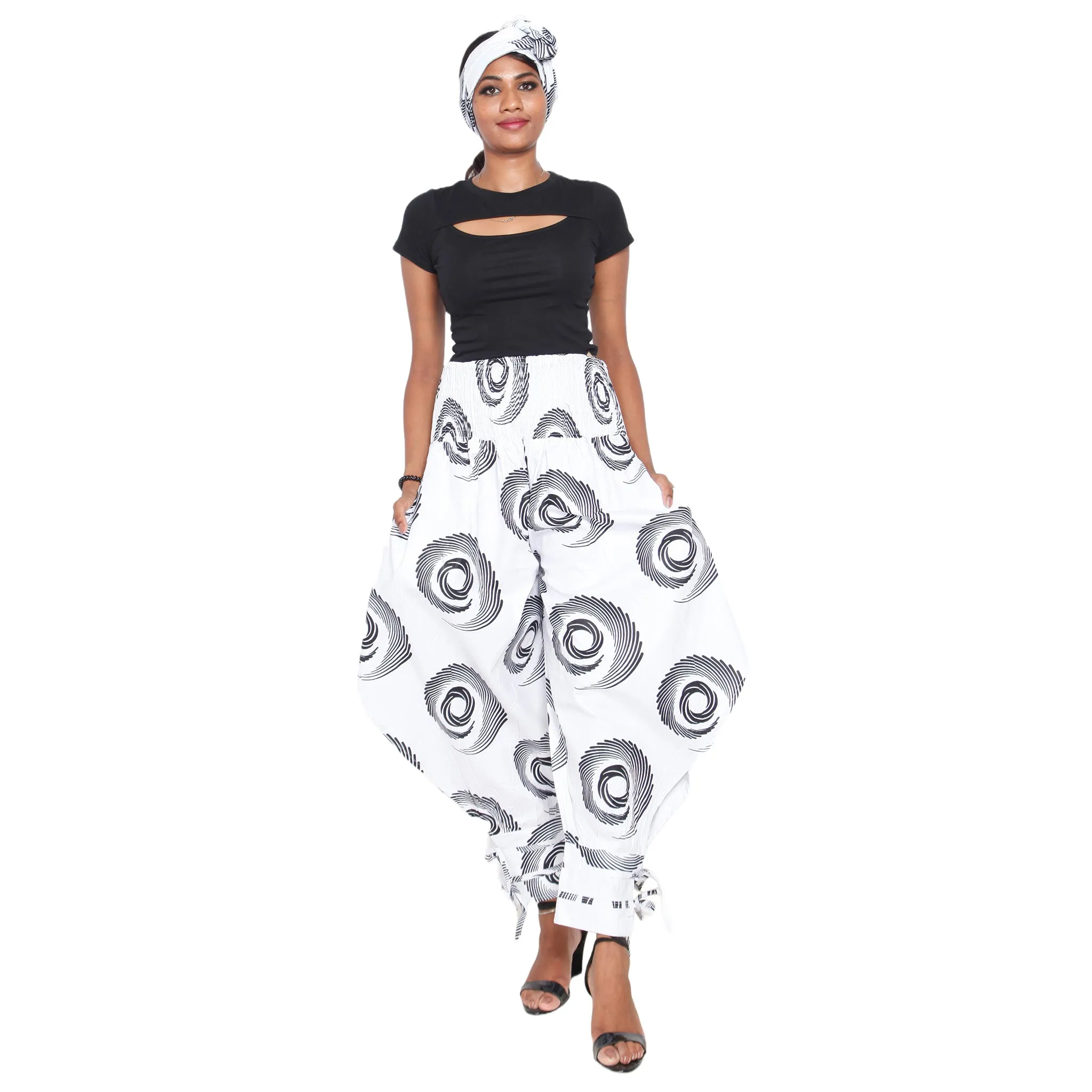 Women's High Waisted Printed Baggy Pants With Tie - FI-140