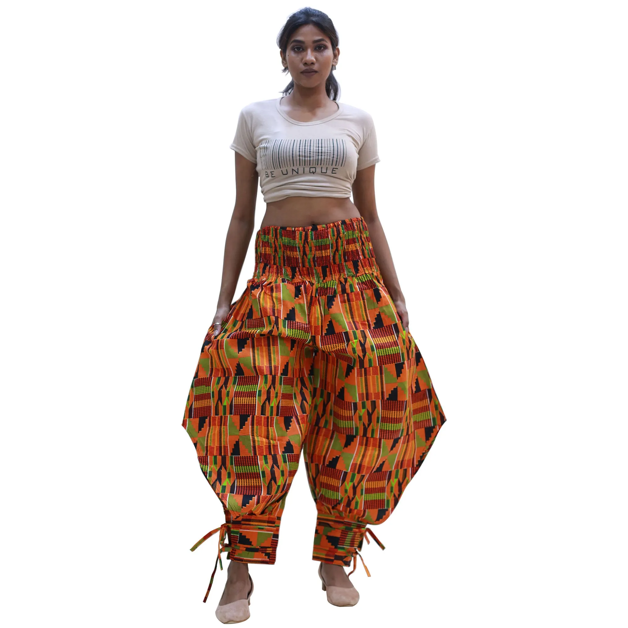 Women's High Waisted Printed Baggy Pants With Tie - FI-140