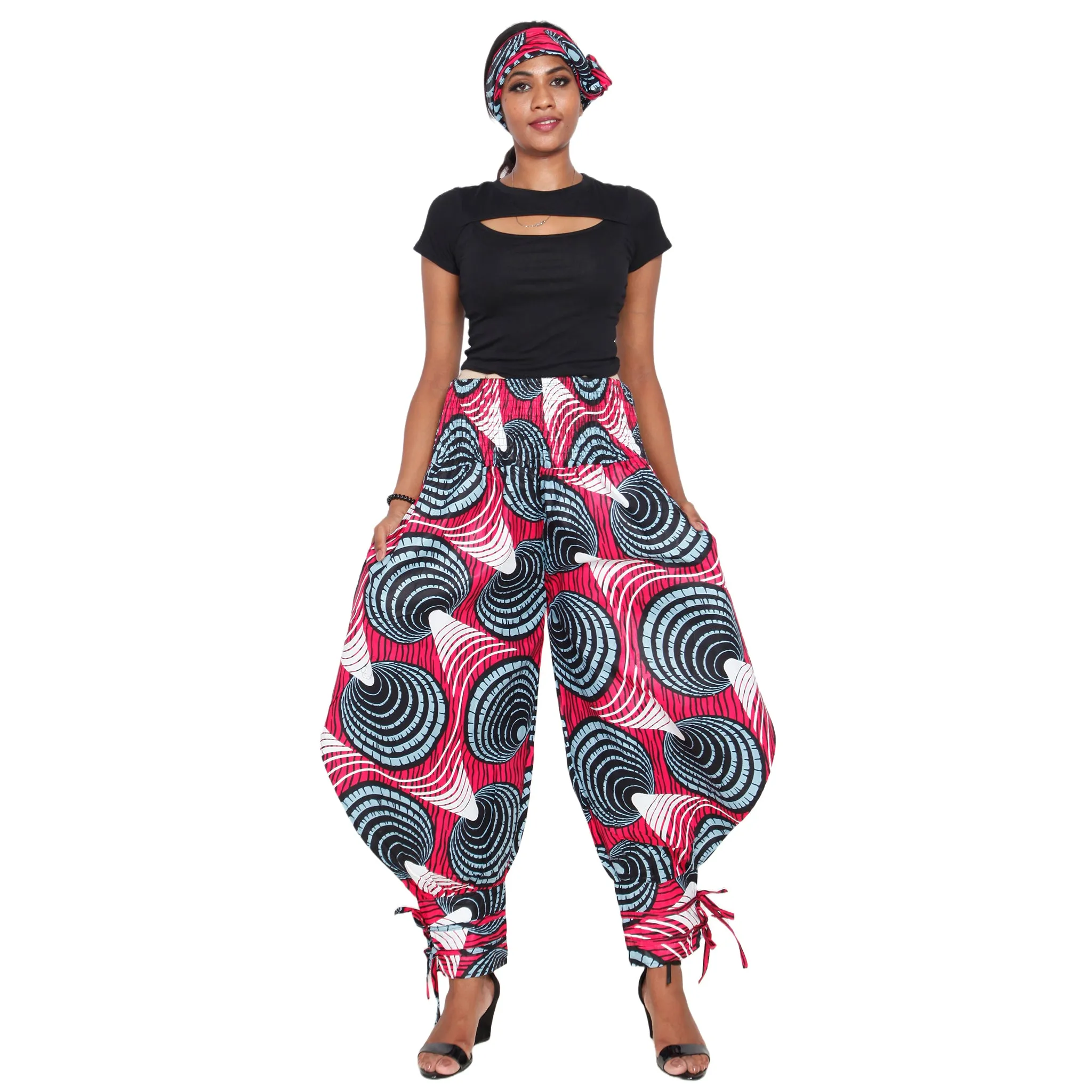 Women's High Waisted Printed Baggy Pants With Tie - FI-140