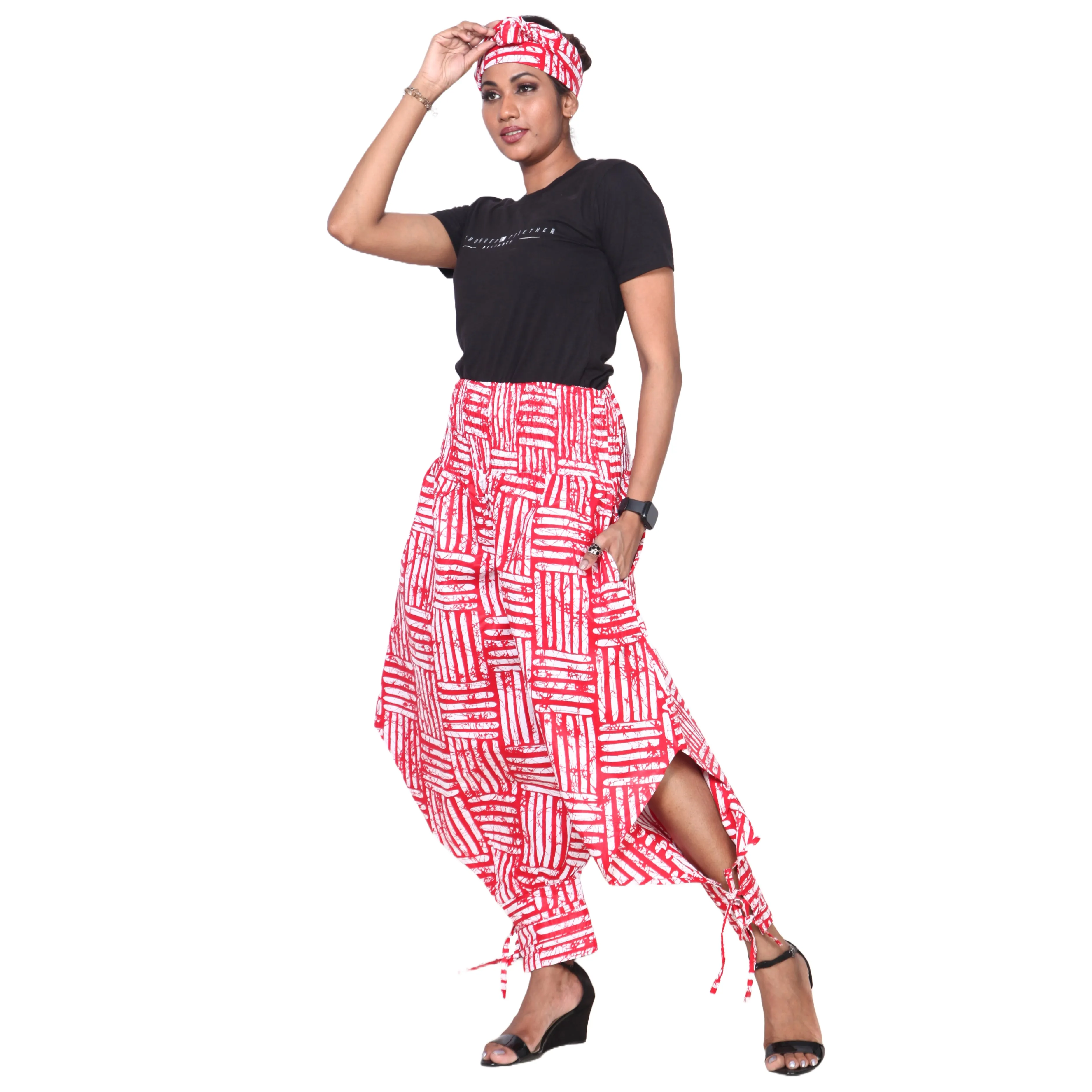 Women's High Waisted Printed Baggy Pants With Tie - FI-140