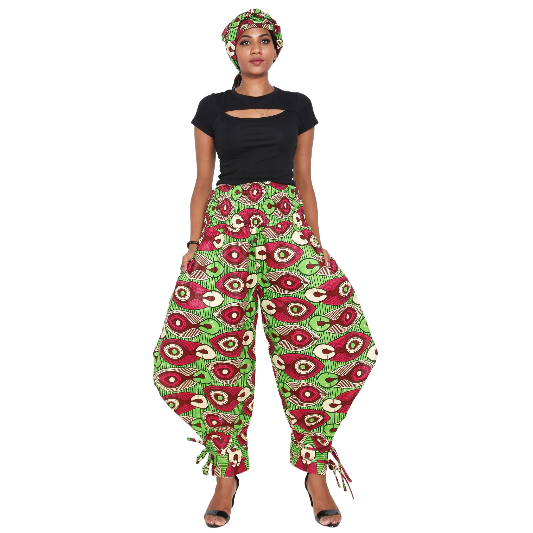 Women's High Waisted Printed Baggy Pants With Tie - FI-140