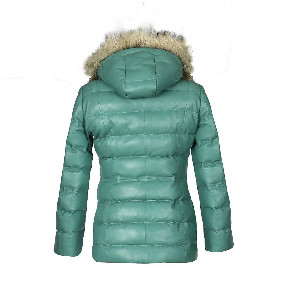 Womens Selina Puffer Leather Jacket with Fur Hoodie (Cyan)