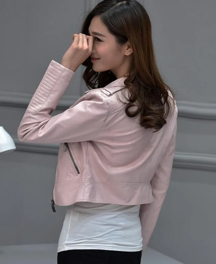 Womens Short Vegan Leather Biker Jacket in Pink