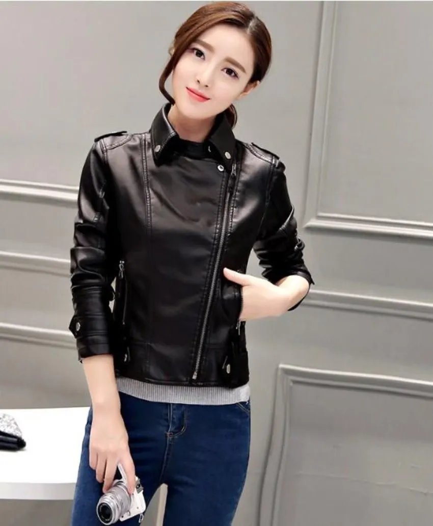 Womens Slim Fit Front Zipper Vegan Leather Biker Jacket