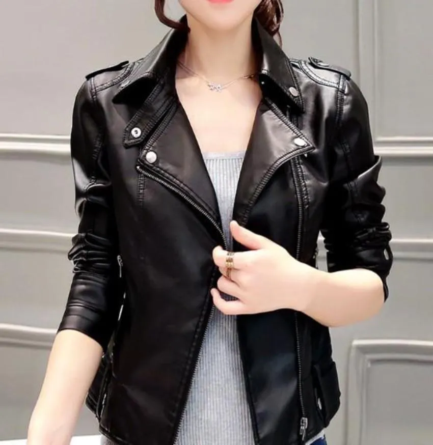 Womens Slim Fit Front Zipper Vegan Leather Biker Jacket