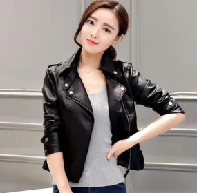 Womens Slim Fit Front Zipper Vegan Leather Biker Jacket