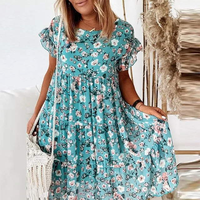 Yeknu Summer Floral Print Dress Bohemian Ruffles Short Sleeve A-Line Dresses Elegant O-Neck Loose Mini Party Dresses Vestidos