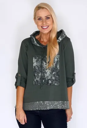 Zapara Khaki Jumper with Glitter Hem and Camouflage Hood