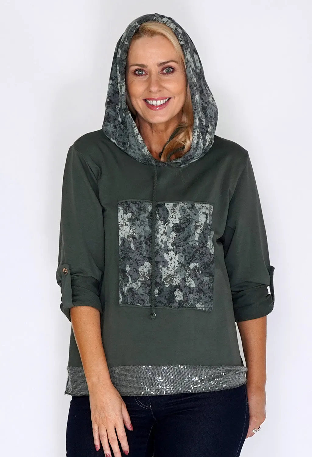 Zapara Khaki Jumper with Glitter Hem and Camouflage Hood