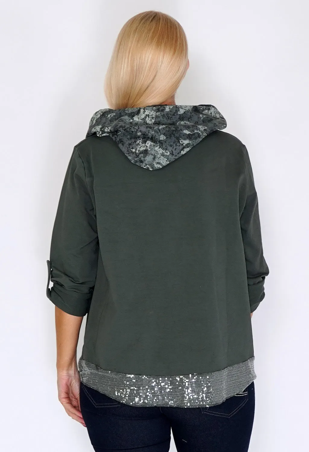 Zapara Khaki Jumper with Glitter Hem and Camouflage Hood