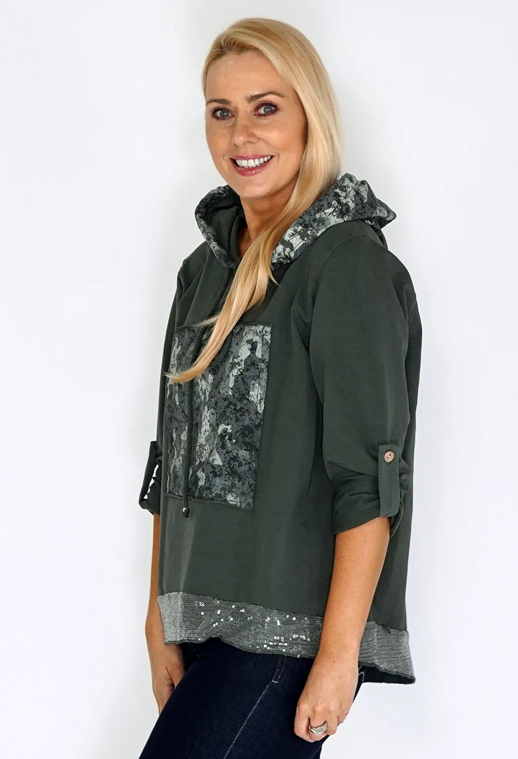 Zapara Khaki Jumper with Glitter Hem and Camouflage Hood