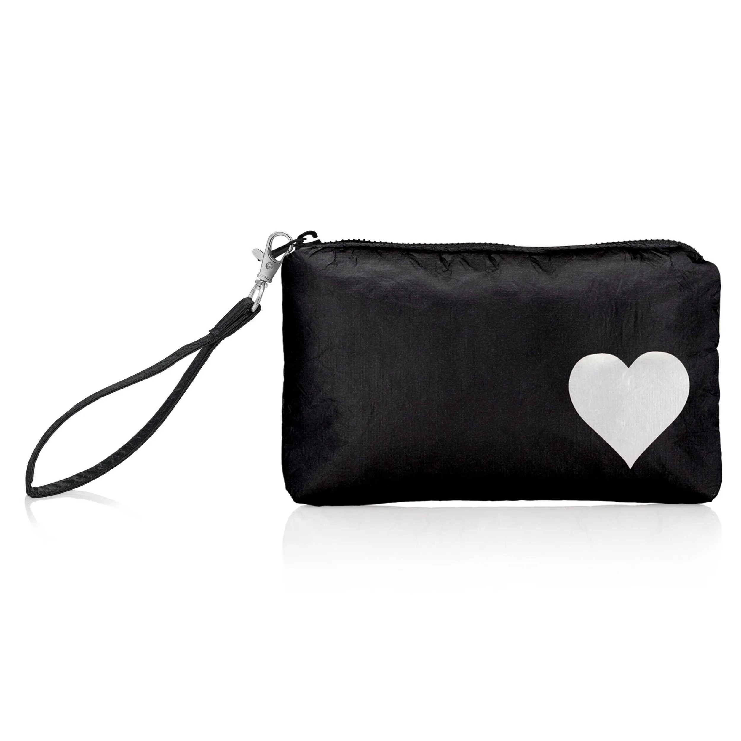 Zip Wristlet - Shimmer Black with White Heart